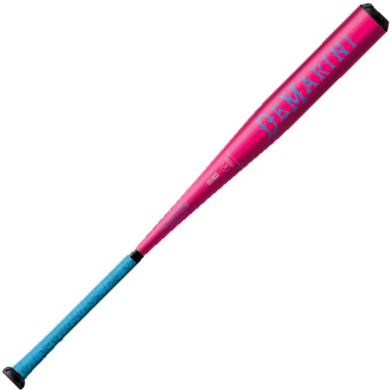 DeMarini Goods One Piece Limited Edition Pink Storm BBCOR bat with vibrant pink and blue design for serious players.