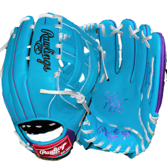 Rawlings Heart of the Hide Custom Outfield glove in vibrant blue and purple, designed for superior performance and durability.