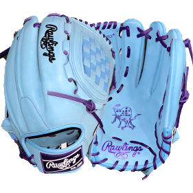 Rawlings Heart of the Hide Custom Pitcher glove in baby blue and purple, showcasing premium leather and craftsmanship.