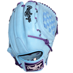 Rawlings Heart of the Hide Custom Pitcher glove in baby blue and purple, showcasing premium leather craftsmanship.