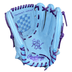 Rawlings Heart of the Hide Custom Pitcher glove in baby blue and purple, showcasing premium leather and stylish design.