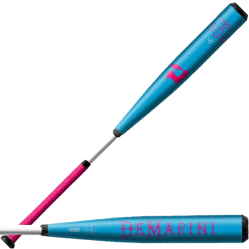 DeMarini Goods Two Piece Limited Edition Blue Nightmare hybrid bat featuring a blue barrel and pink handle for powerful performance.