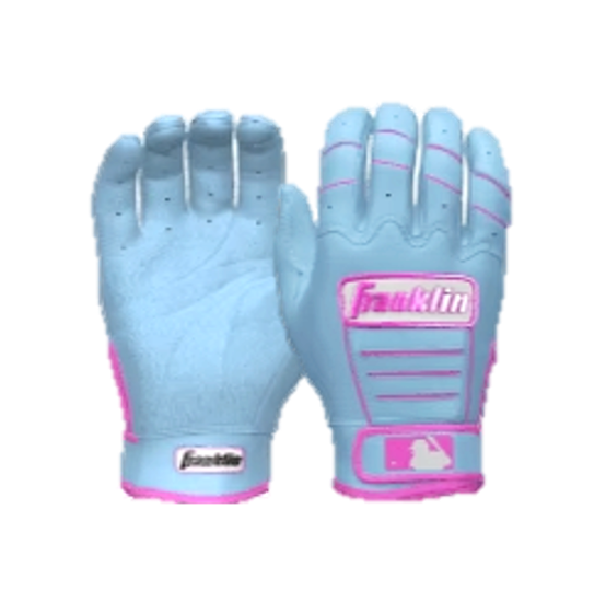 Franklin CFX Pro Custom Batting Gloves in Baby Blue/Pink with high-quality leather palm and refined logo design.