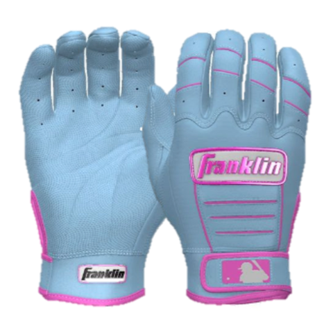 Franklin CFX Pro Custom Batting Gloves in Baby Blue and Pink with refined logo design and durable leather palm.