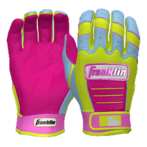 Franklin CFX Pro Custom Batting Gloves in Caribbean Yellow with pink accents for enhanced grip and performance.