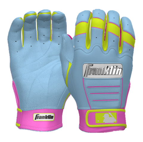 Franklin CFX Pro Custom Batting Gloves in Caribbean Baby Blue with vibrant pink and yellow accents for optimal performance.