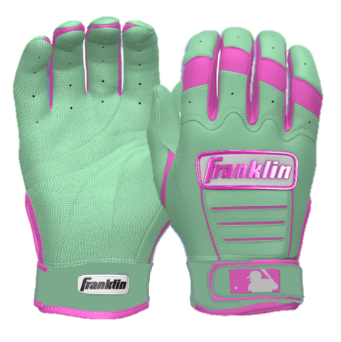 Franklin CFX Pro Custom Batting Gloves in mint and pink for enhanced grip and comfort in baseball.