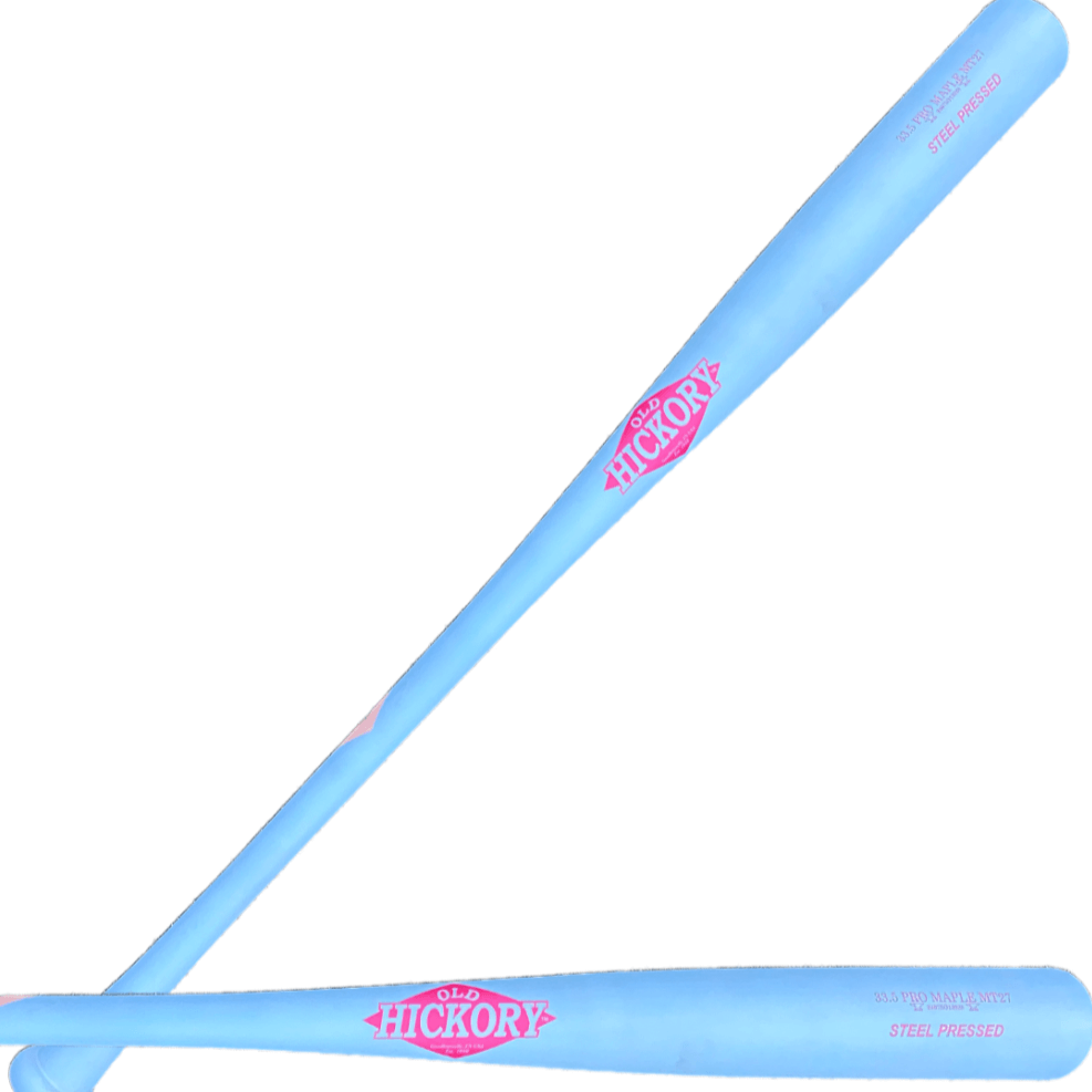 Old Hickory Steel Pressed MT27 Custom Mint baseball bat in vibrant blue with pink logos, showcasing quality craftsmanship.