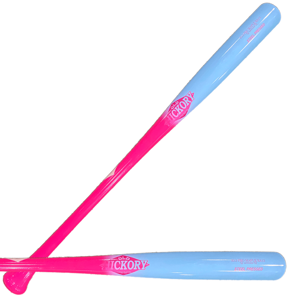 Old Hickory Steel Pressed RA13 bat in custom pink and aqua colors, showcasing vibrant design and high-quality craftsmanship.