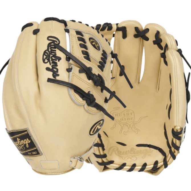 Rawlings Pro Label 7 Camel Heart Of The Hide infield/pitchers glove with gold accents on a camel and black colorway.