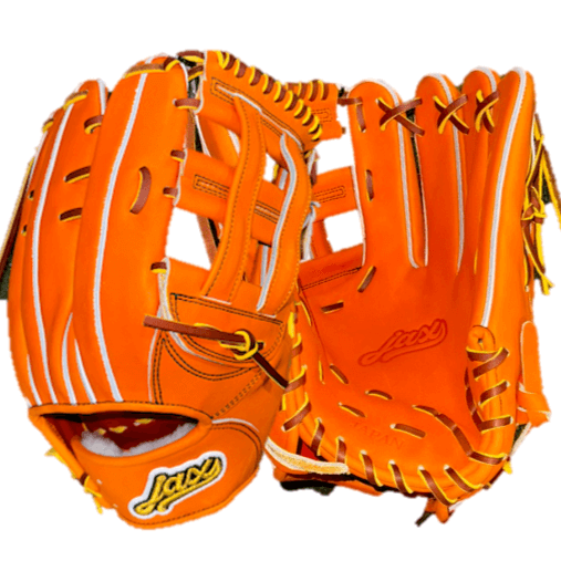 Jax LJ-10S Fielding Glove in orange and tan, designed for infield/outfield play, 12.25 inches with gold stitching.