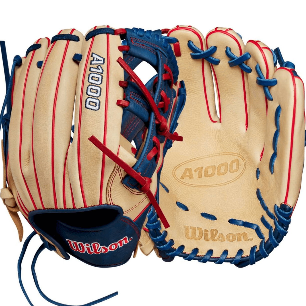 Wilson 2024 A1000 1912 infield baseball glove in Blonde and Navy leather with signature Cross Web design.