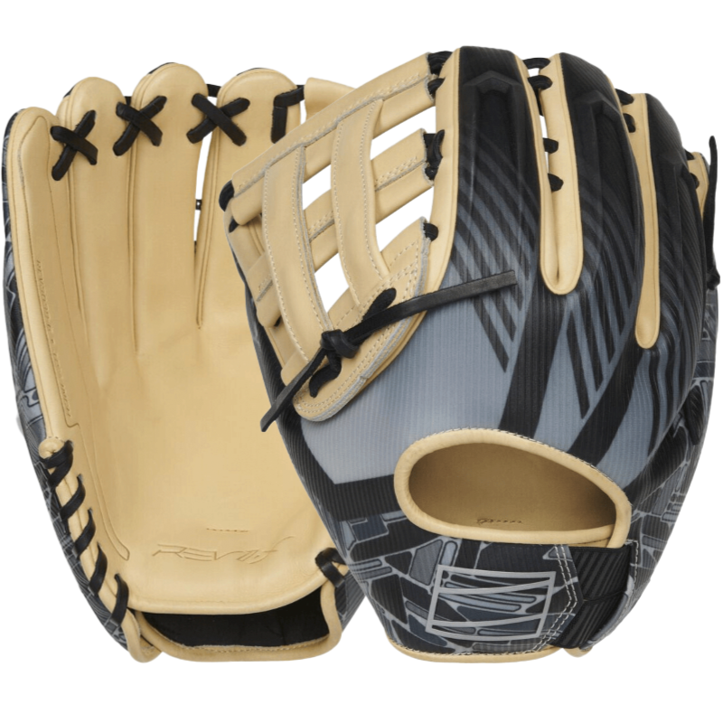 Rawlings REV1X Left Handed Outfielders Glove 12.75 inch, featuring innovative design in black and tan.