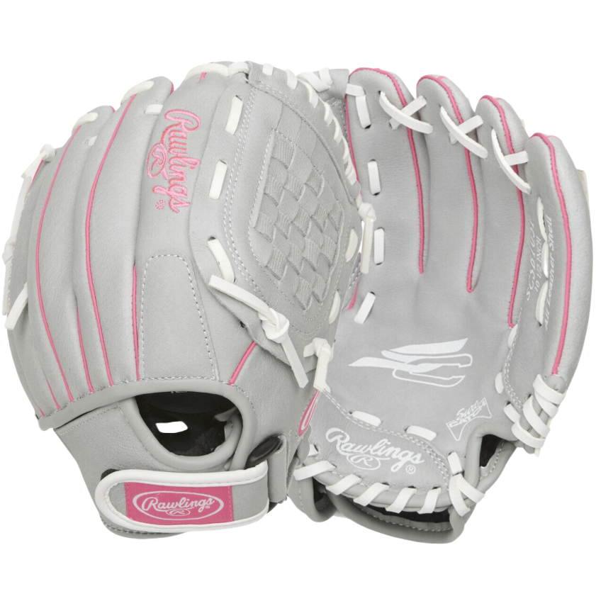 Rawlings Sure Catch 10.5" softball glove in gray with pink accents, featuring a flexible basket web design.