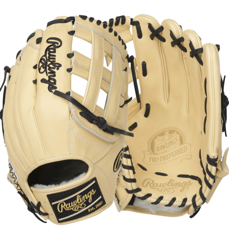 Rawlings Pro Preferred 12.75-inch outfield glove in beige, featuring full-grain kip leather and Speed Shell design.