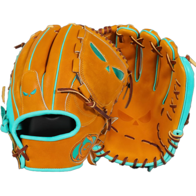  Front palm and backhand of Shadow 20 Sandstorm 12" LHT, featuring tan Japanese Kip Leather and teal accents.