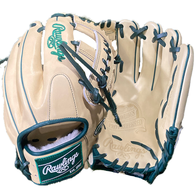 Rawlings Custom Pro Preferred 11.5" infield glove in camel and dark green, designed for performance and style