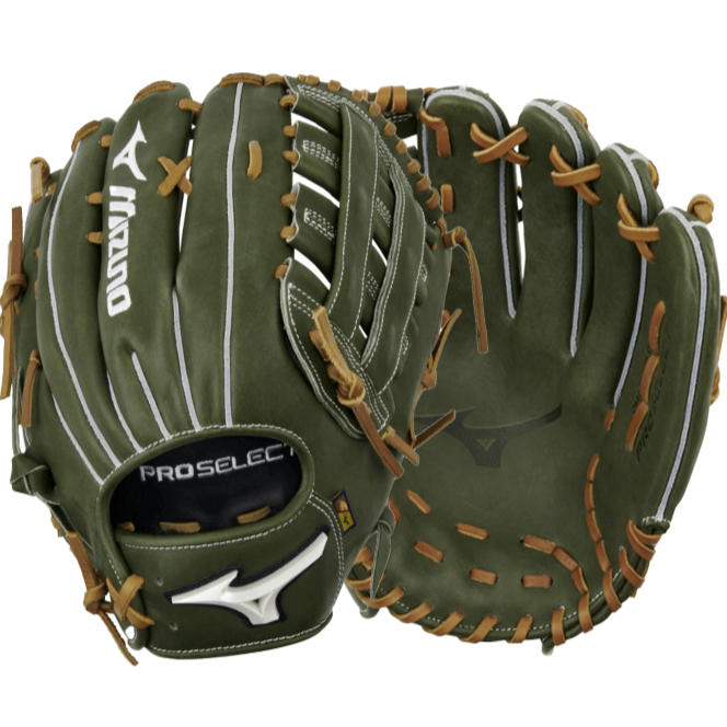 Mizuno GPS-72D Pro Select 12.75" outfield glove in green and tan, crafted from premium Steerhide leather for durability.