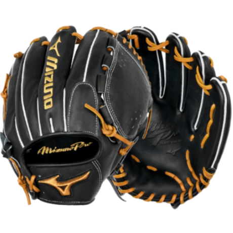 Mizuno Pro GMP-1100D Pitching Glove in black and orange, crafted from premium Deguchi Leather for durability and comfort.