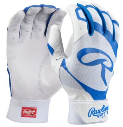 Rawlings Adult 5150 II Baseball Batting Gloves in White and Royal for enhanced grip and performance.