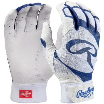 Rawlings Adult 5150 II Baseball Batting Gloves in white and navy, featuring goatskin leather palm and Flexfit material.