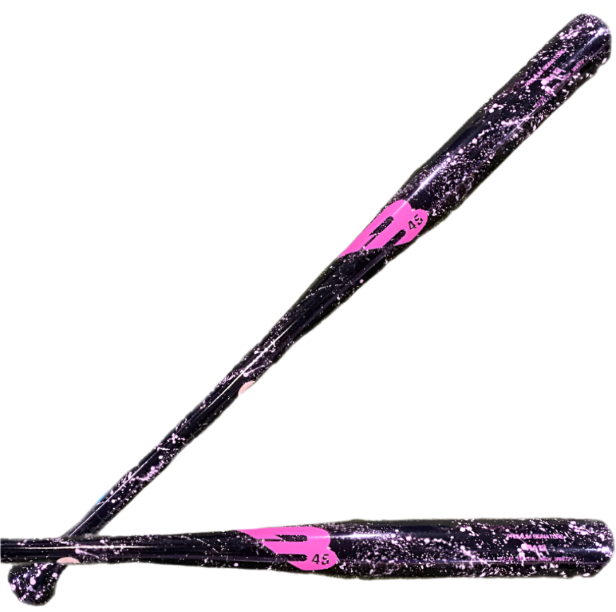 B45 Premium RA13 Custom Wood Bat, Black/Pink Paint Splatter, front and back view with sleek flare and extended barrel.