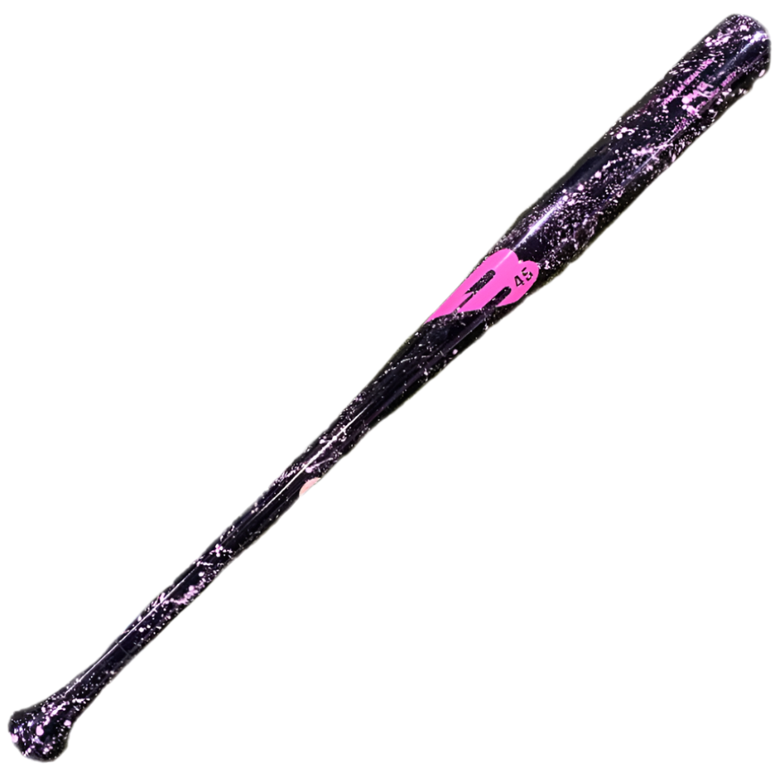 Front view of B45 RA13 Wood Bat, featuring black/pink paint splatter design and long barrel for maximum power.