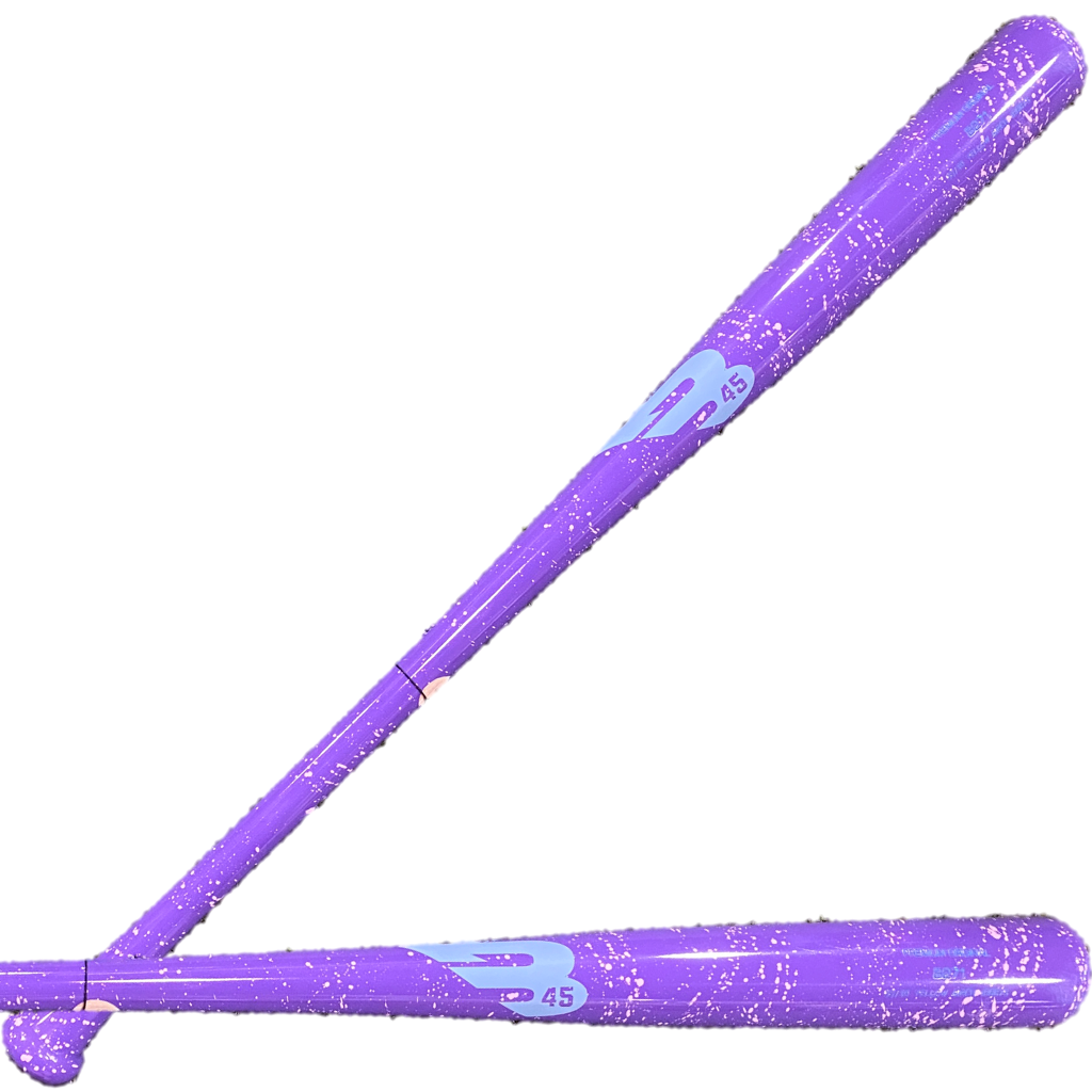 B45 Premium B271 Custom Wood Bat, Purple, showing front and back with a classic tapered barrel and balanced design.