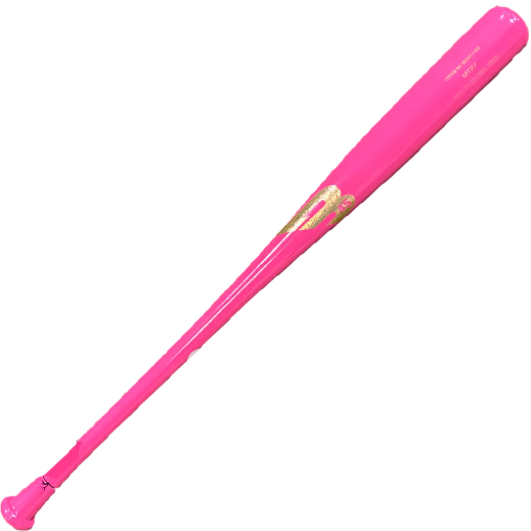 Front view of B45 MT27 Wood Bat, showcasing vibrant pink finish and robust barrel for maximum power and control.