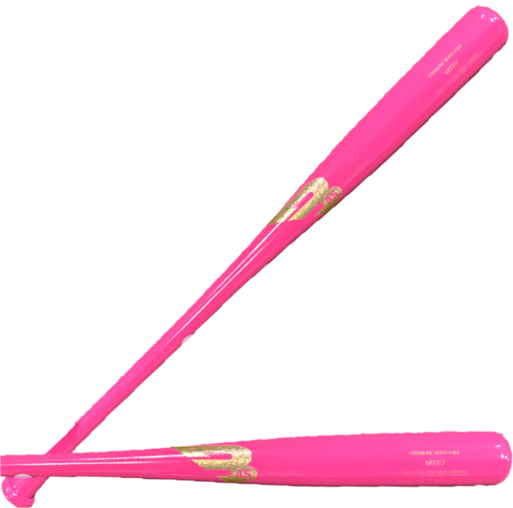 B45 Premium MT27 Custom Wood Bat, Pink, front and back view featuring big barrel and end-loaded design for power hitting.