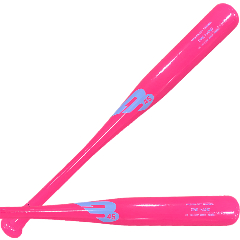 B45 Custom One-Handed Training Bat, Pink, showing front and back with sleek design for improved batting control.