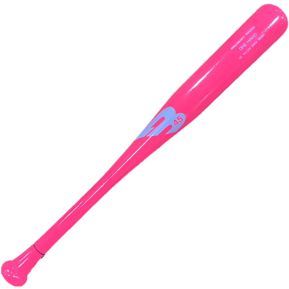  Front view of B45 Custom One-Handed Training Bat, featuring vibrant pink color and ergonomic design for focused training.