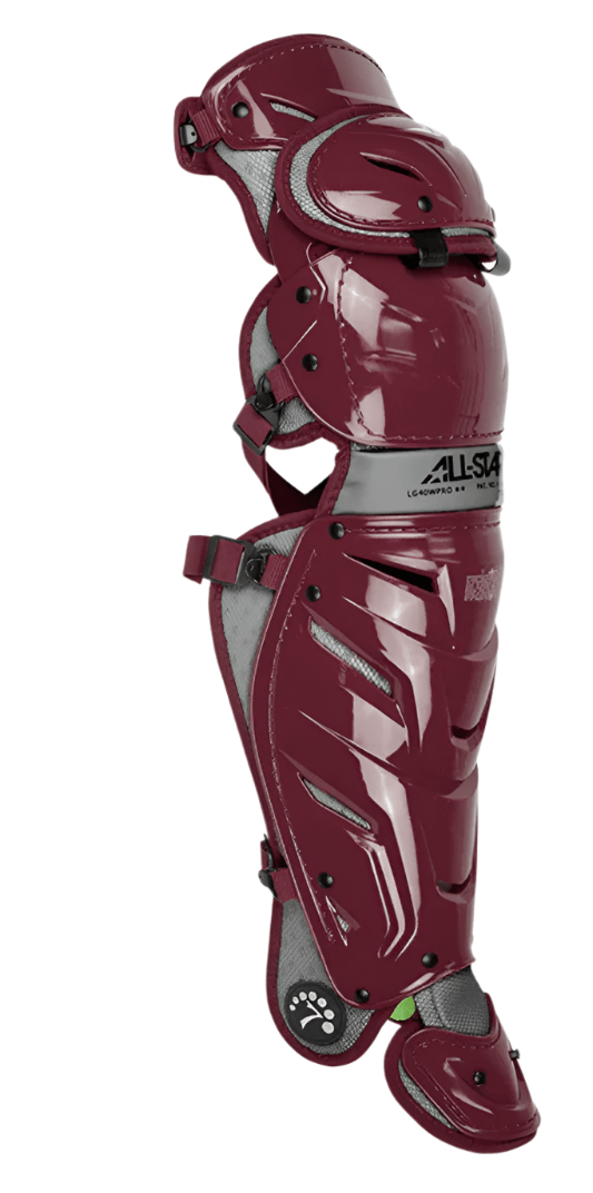 All-Star S7 Axis Leg Guards in burgundy, NOCSAE certified, offering top protection and mobility for adult athletes.