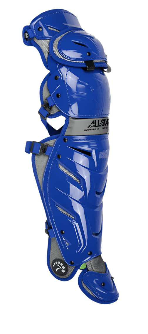 All-Star S7 Axis Leg Guards in blue with NOCSAE certification for superior protection and mobility.