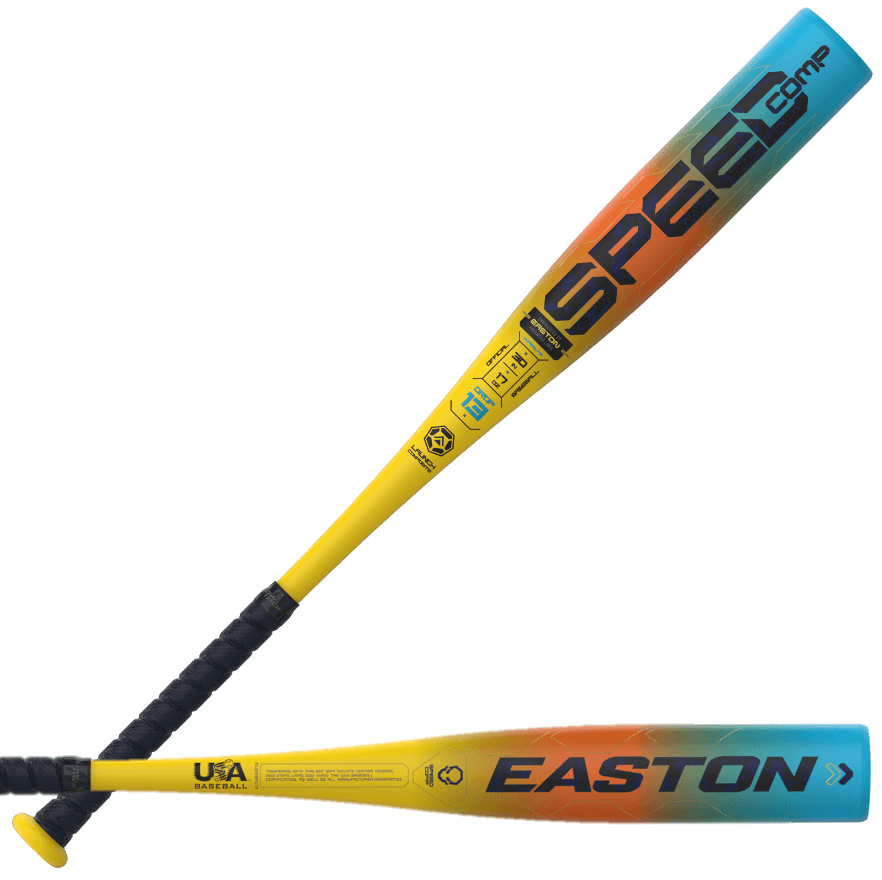 Easton Speed Comp 2025 -13 USA aluminum bat for ages 12 and under, featuring Flow-Tack grip and vibrant color design.