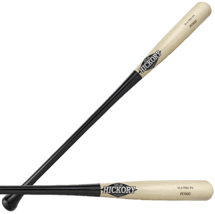 Old Hickory F3 34 Fungo Maple bat with flared knob and sleek black finish, ideal for training and practice.