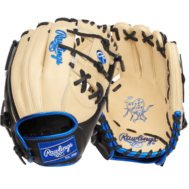 Rawlings Heart of the Hide 11.5" infield glove in black, camel, and royal blue for quick transfers.