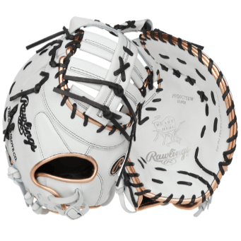 Rawlings Heart of the Hide Fastpitch Softball First Base Mitt in white with bronze accents, showcasing quality leather and craftsmanship.