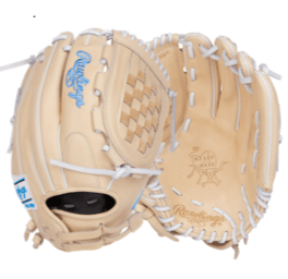 Rawlings Heart Of The Hide 12.5" softball glove in tan leather with blue branding and white lacing. Perfect for players.