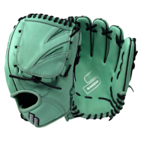 Mint leather Sacco baseball glove with black laces, showcasing premium craftsmanship and durable design.