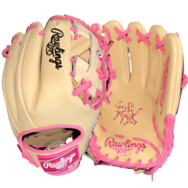 Rawlings Heart of the Hide Custom Infield 11.75 glove in camel and pink, showcasing durable leather and excellent pocket design.