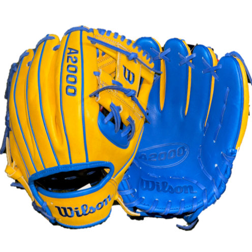 Wilson 2023 A2000 West Region SMU 1786 glove in yellow and navy for serious infielders, featuring Pro Stock Leather.