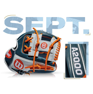 Wilson A2000 DP15 glove, custom designed for José Altuve, featuring blue and orange colors, highlighted for September 2016 collection.