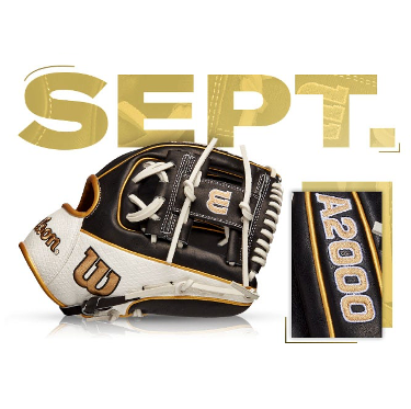 Wilson A2000 100 Glove of the Month September 2021, featuring black and white leather with Vegas Gold accents.