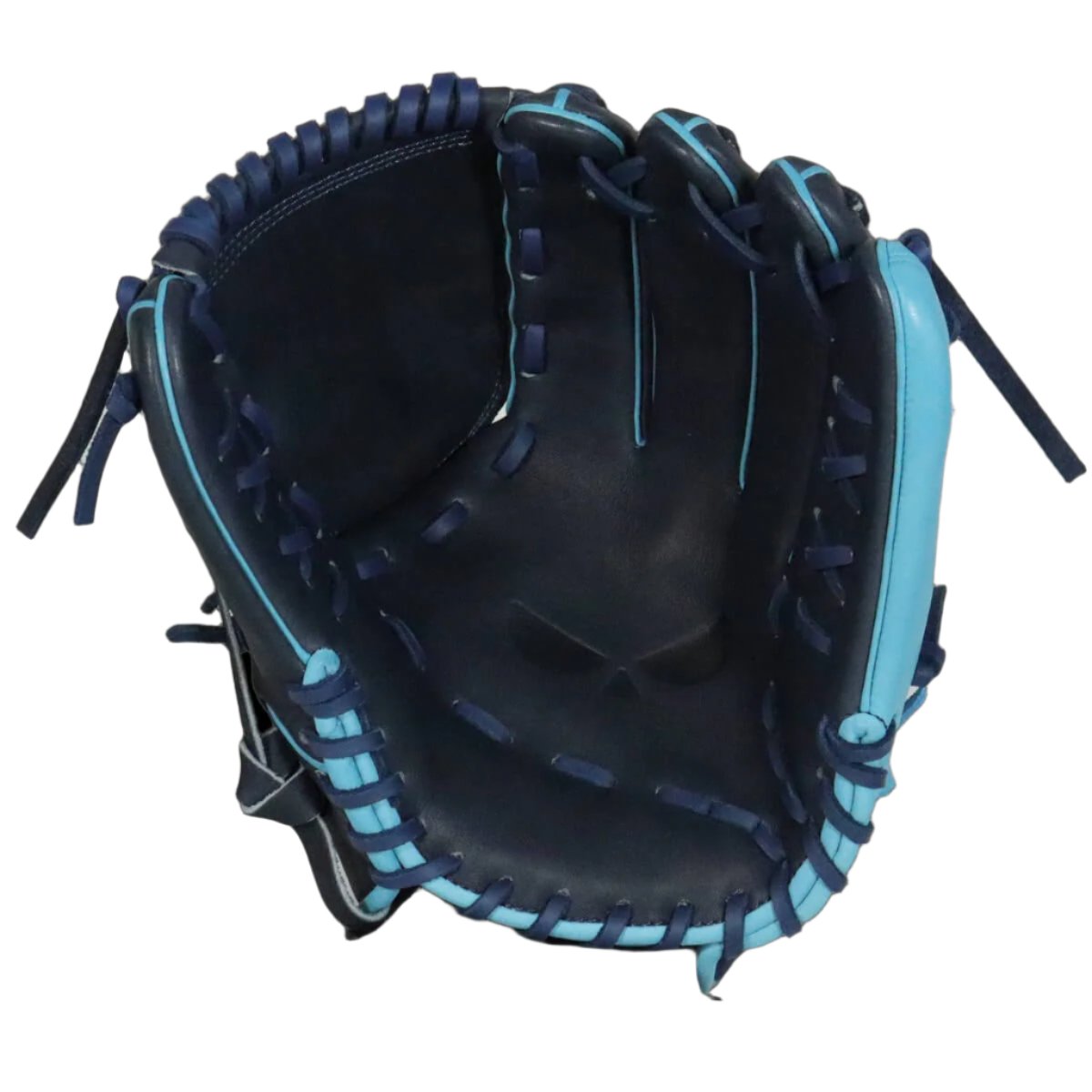 Shadow 11: Scout 12-inch glove featuring navy Japanese Kip leather with carolina blue inlays and closed web design.