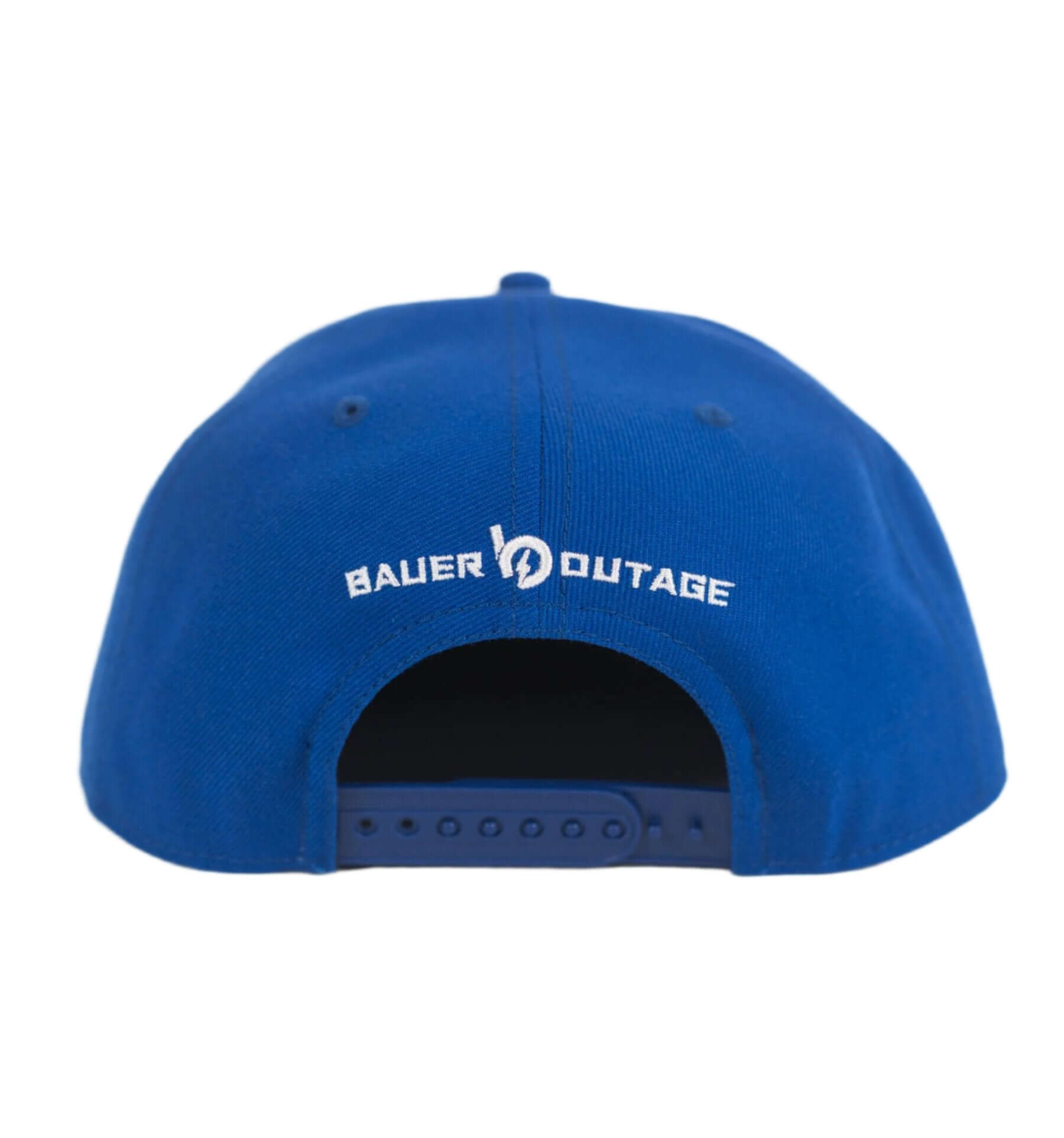 Back view of Bauer Outage Sword Snapback Hat showcasing blue fabric and logo design, ideal for stylish game day wear.