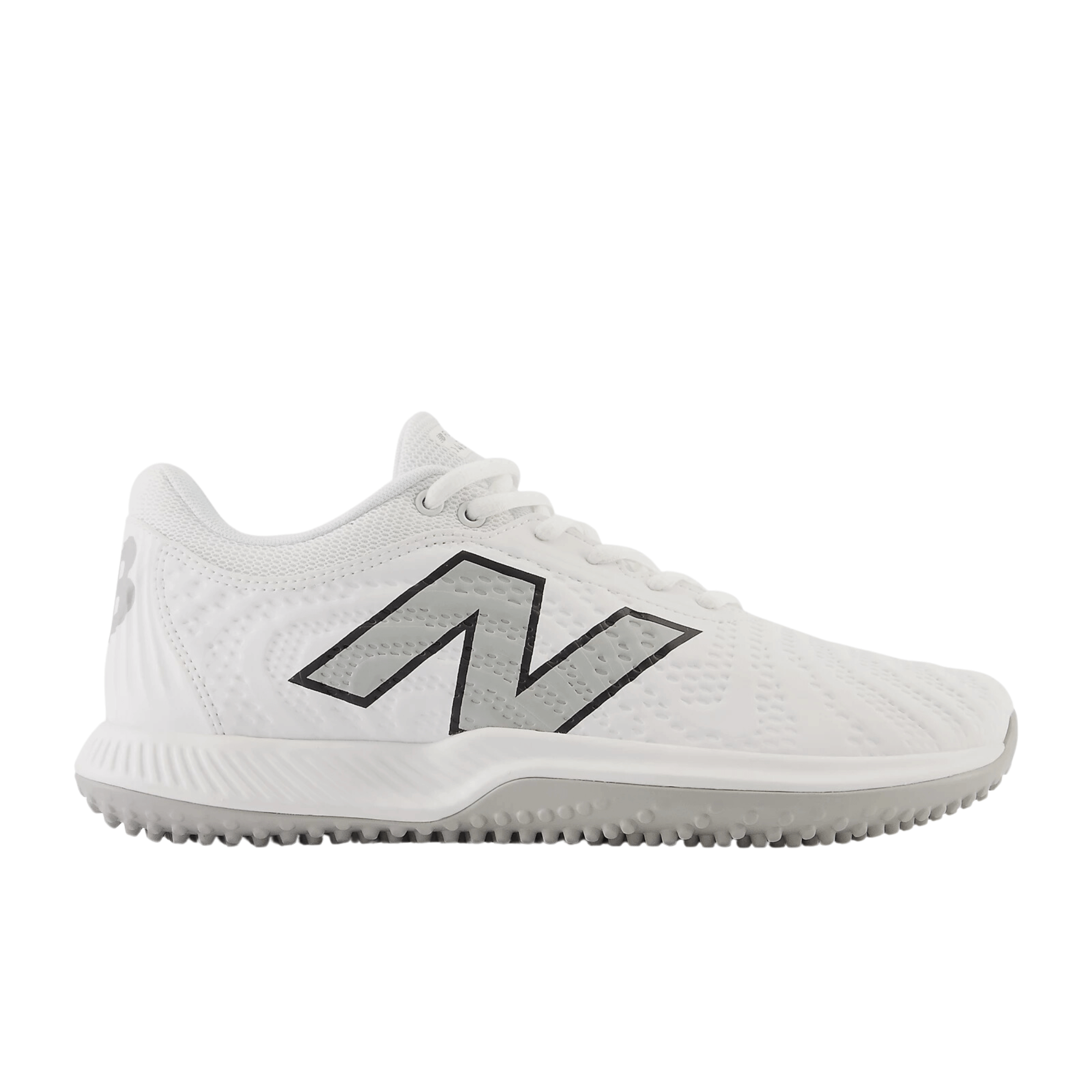 New Balance FuelCell 4040v7 Turf Trainer in white, designed for elite ballplayers with aggressive outsole for turf and gym use.