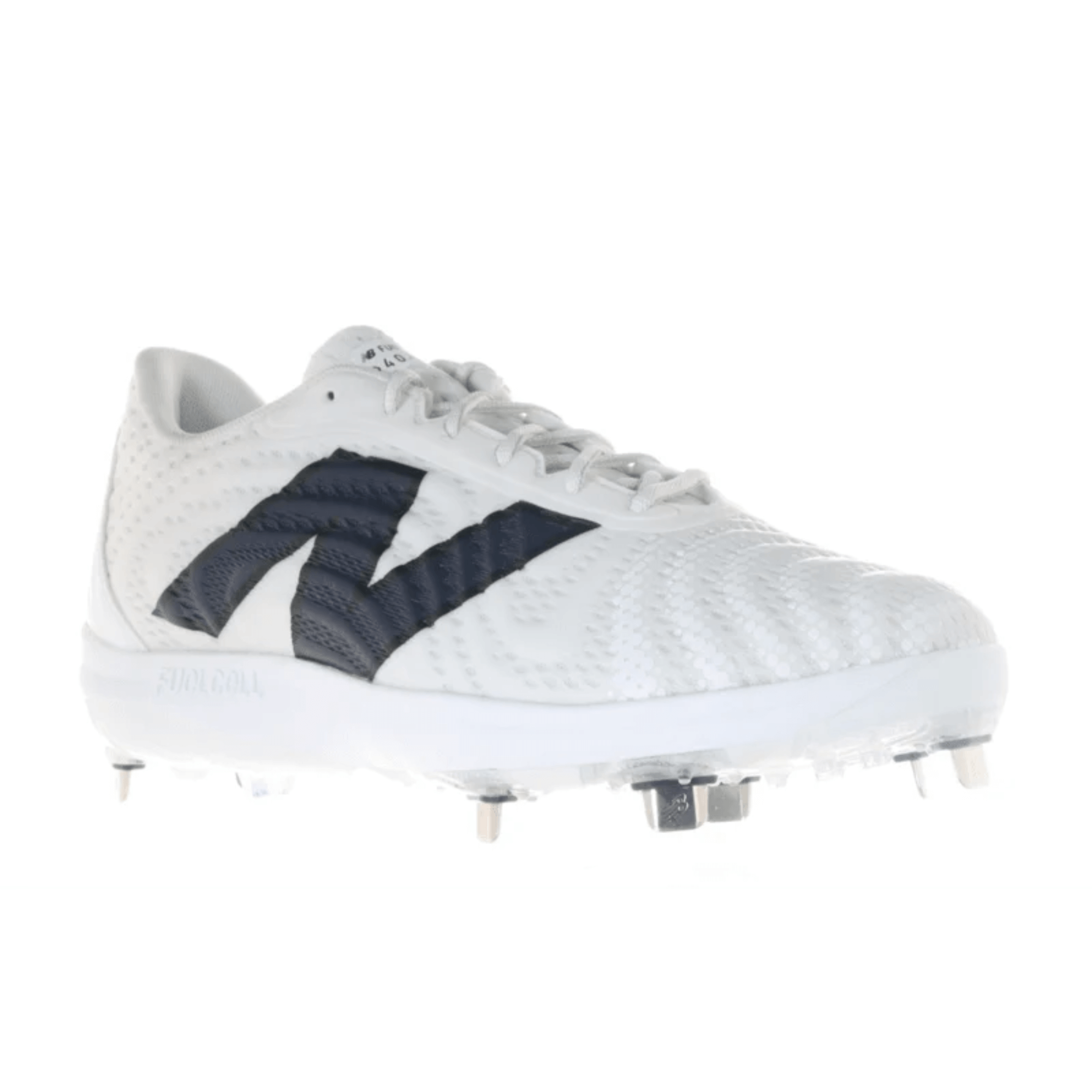 New Balance Fuel Cell 4040v7 Armed Forces Day baseball cleat in white with navy accents and 7-spike outsole.