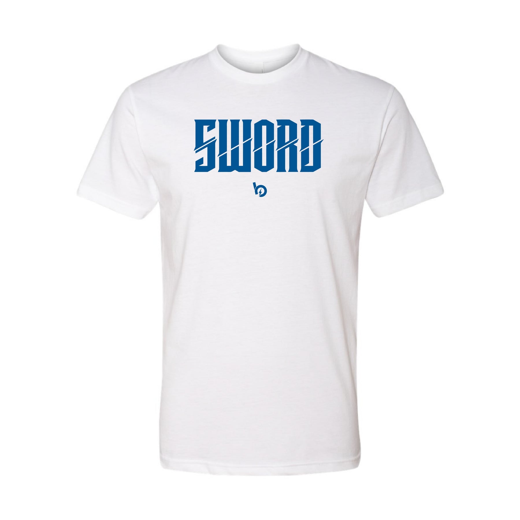 Bauer Sword Logo Tee in white featuring iconic blue 'SWORD' logo, symbolizing strength and excellence.