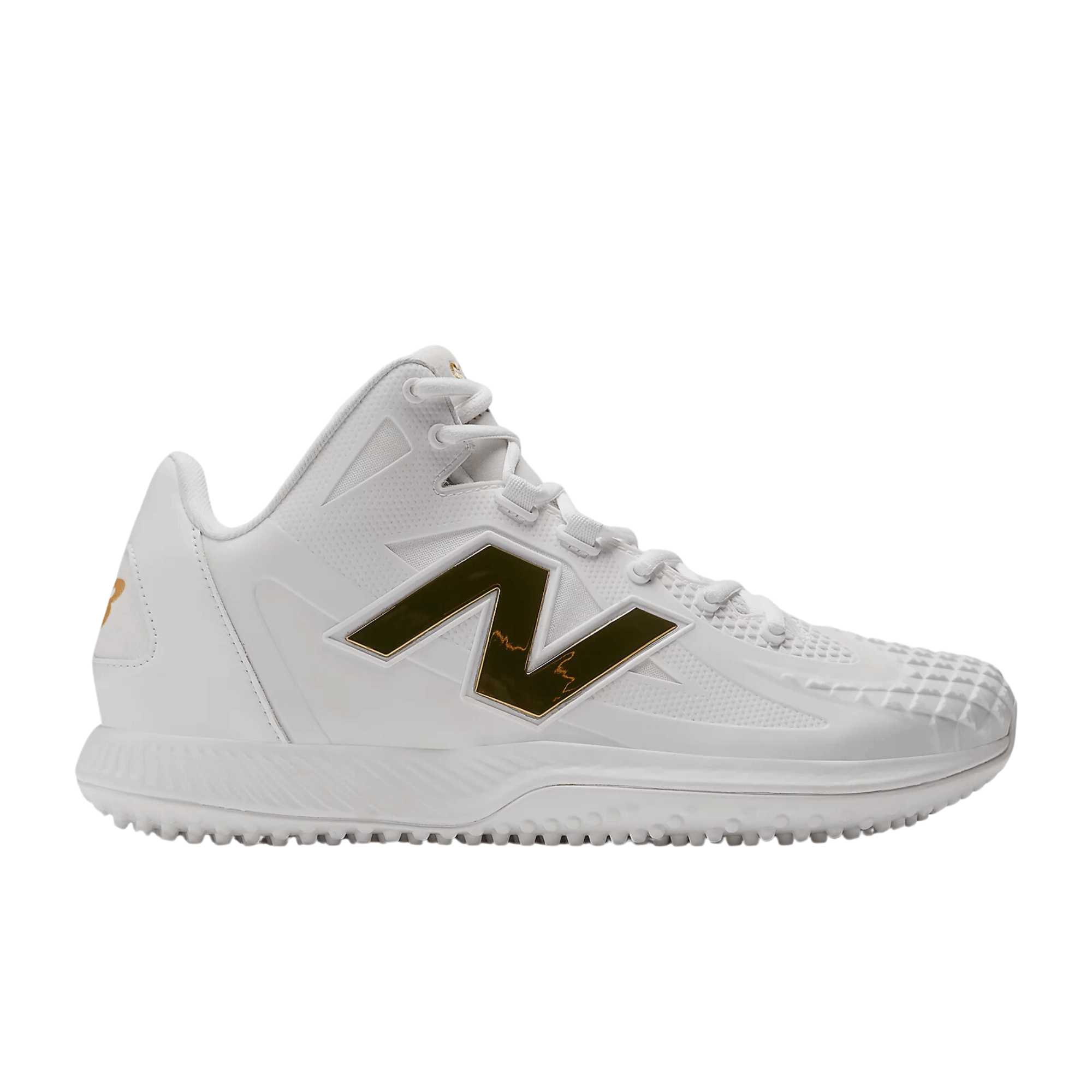 New Balance Shohei (TSHOV1) white sneakers with gold accents, designed for exceptional performance on the field.